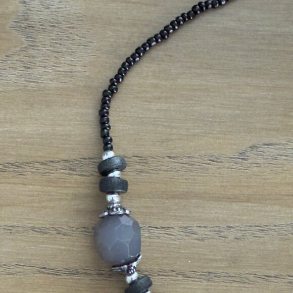 Vtg Chunky Gunmetal Black Silver Beaded Necklace Matching Set Stretch Bracelets - Picture 6 of 16